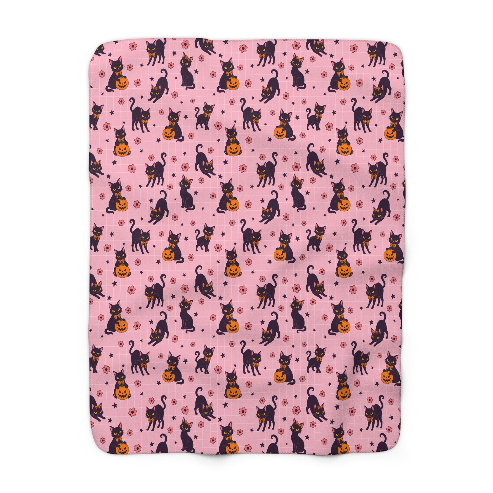 Pink Halloween Black Cat Sherpa Blanket — Cute Spooky Cozy Throw