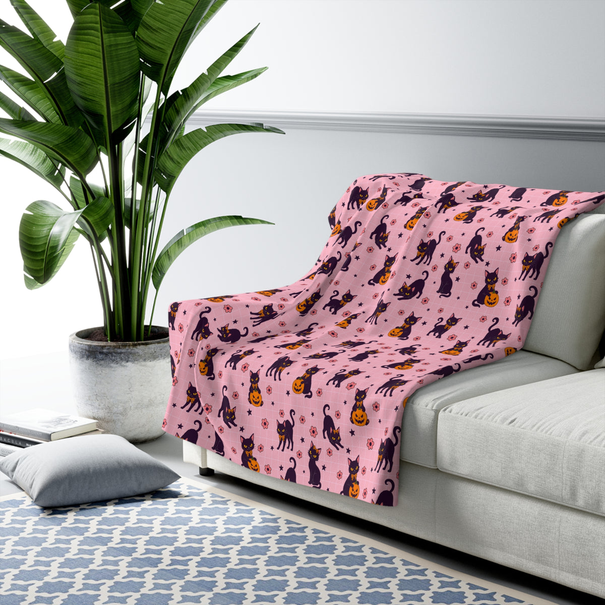 Pink Halloween Black Cat Sherpa Blanket — Cute Spooky Cozy Throw