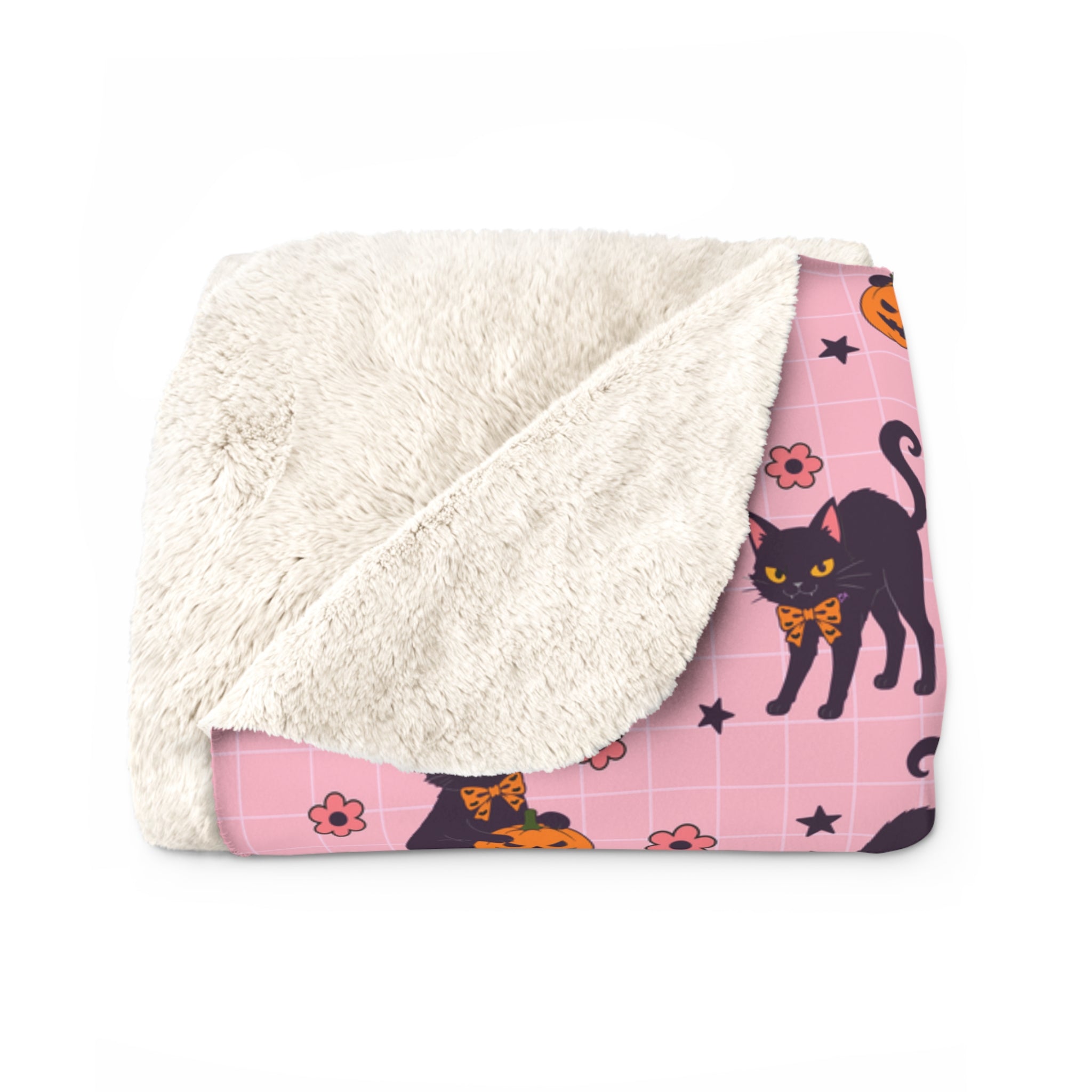 Pink Halloween Black Cat Sherpa Blanket — Cute Spooky Cozy Throw