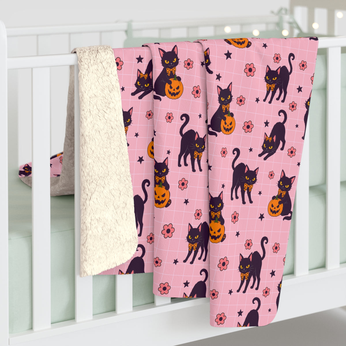 Pink Halloween Black Cat Sherpa Blanket — Cute Spooky Cozy Throw