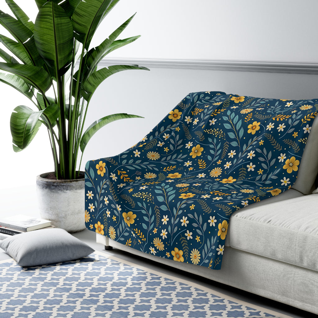 Floral Sherpa Blanket — Navy Blue Wildflower Fleece Throw