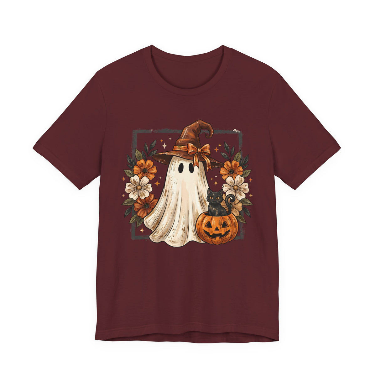 Cute Halloween Ghost T‑Shirt — Pumpkin & Witch Hat Autumn Tee