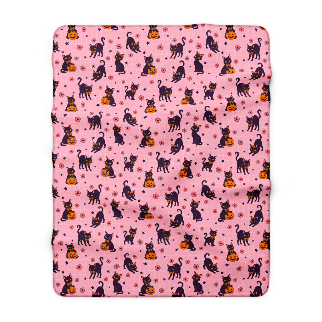 Pink Halloween Black Cat Sherpa Blanket — Cute Spooky Cozy Throw