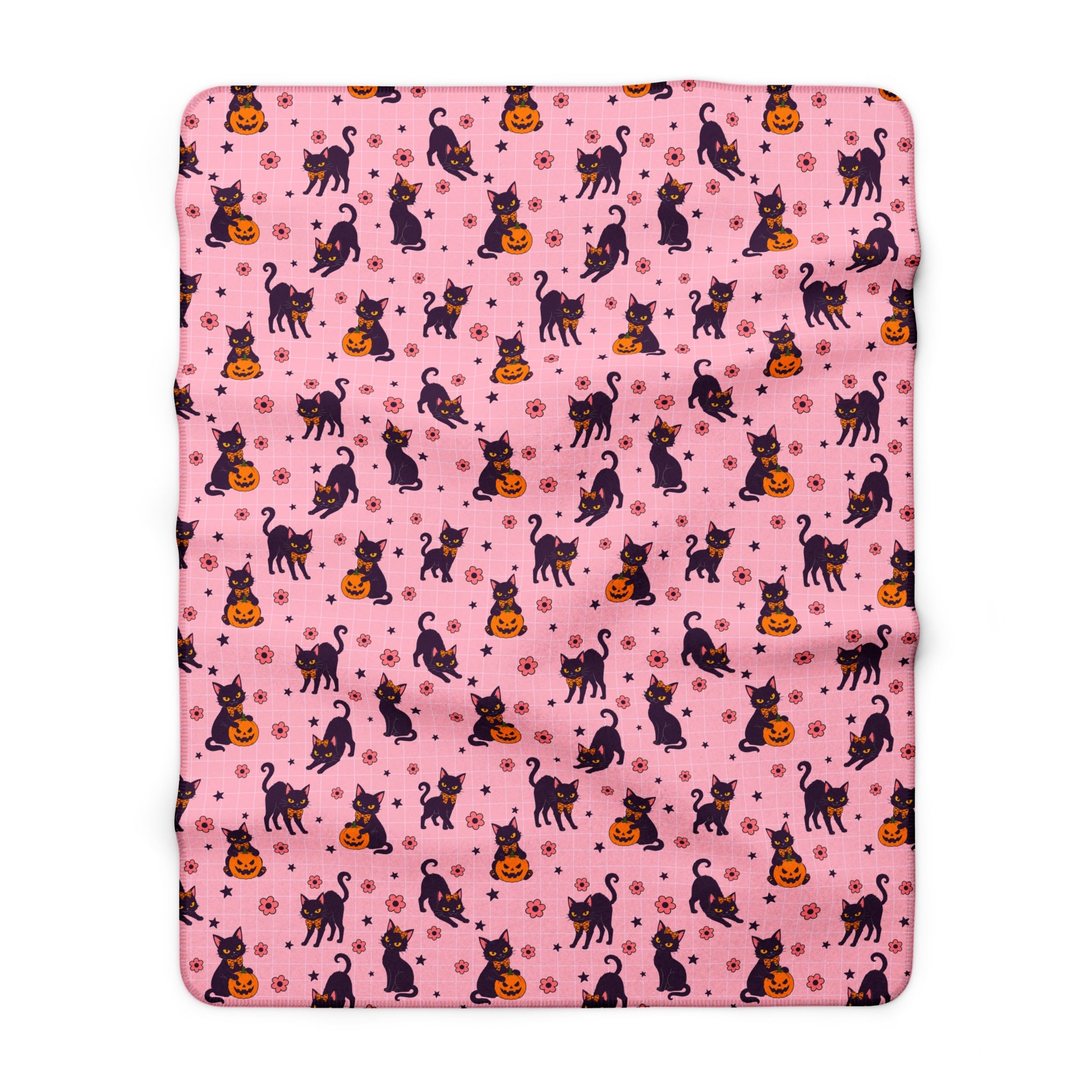 Pink Halloween Black Cat Sherpa Blanket — Cute Spooky Cozy Throw