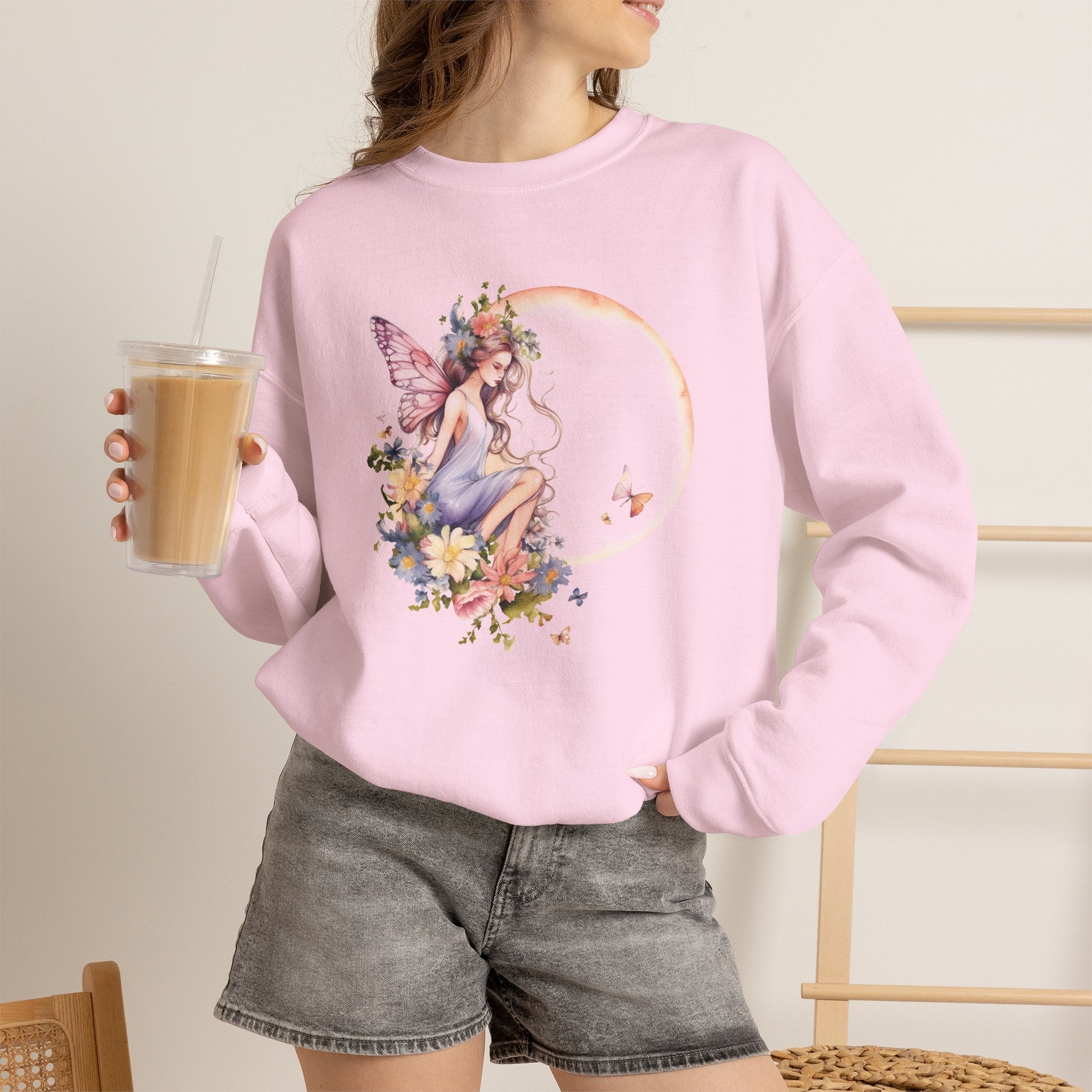 Floral Fairy Sitting on Crescent Moon