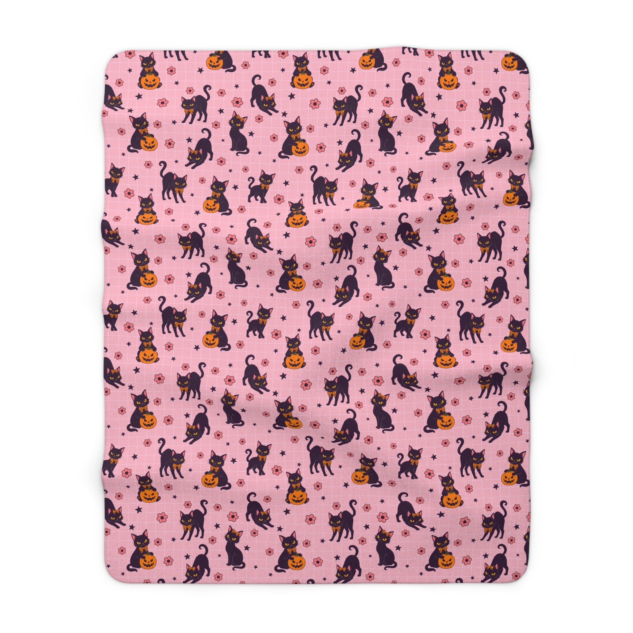 Pink Halloween Black Cat Sherpa Blanket — Cute Spooky Cozy Throw