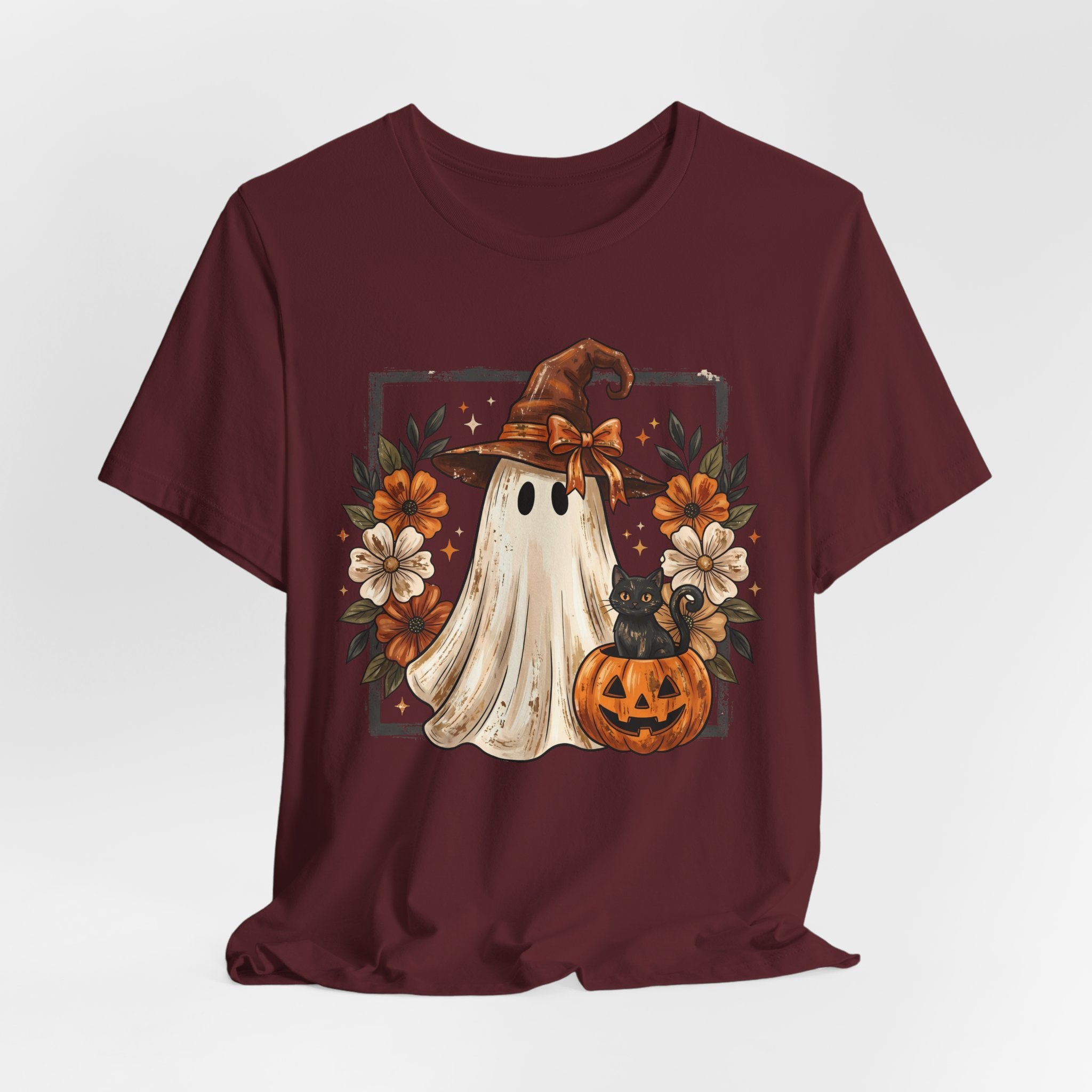Cute Halloween Ghost T‑Shirt — Pumpkin & Witch Hat Autumn Tee