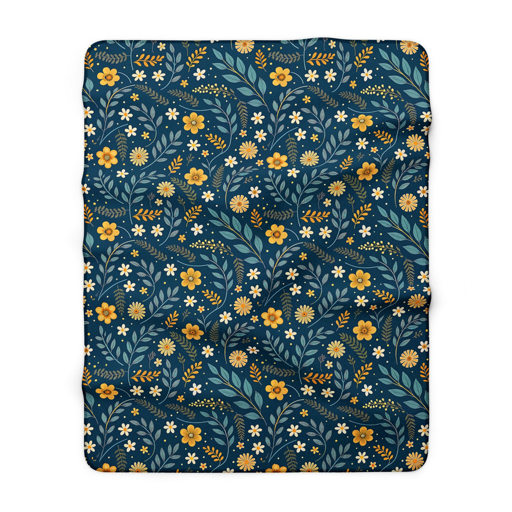 Floral Sherpa Blanket — Navy Blue Wildflower Fleece Throw