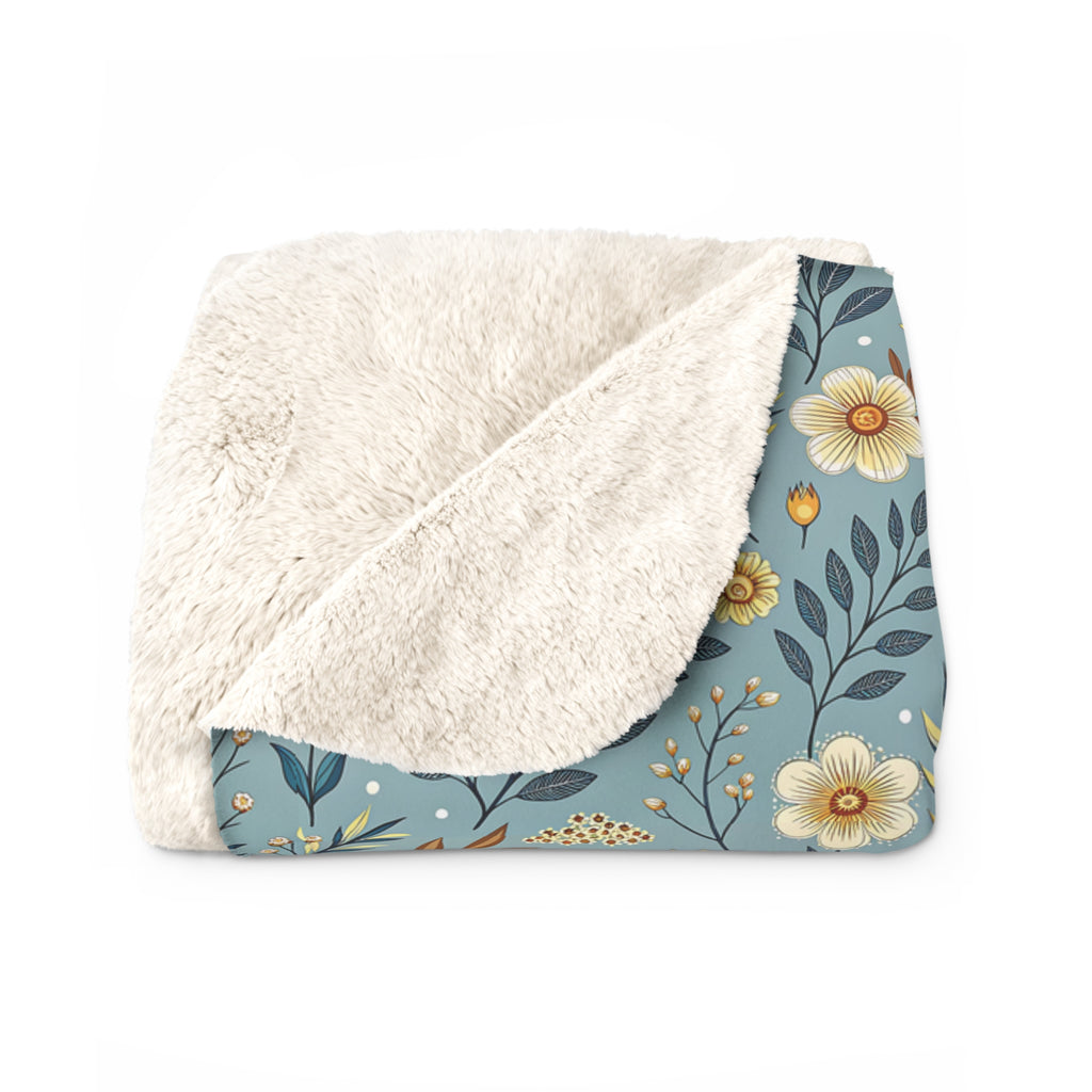 Floral Daisy Sherpa Blanket – Cozy Blue Wildflower Throw