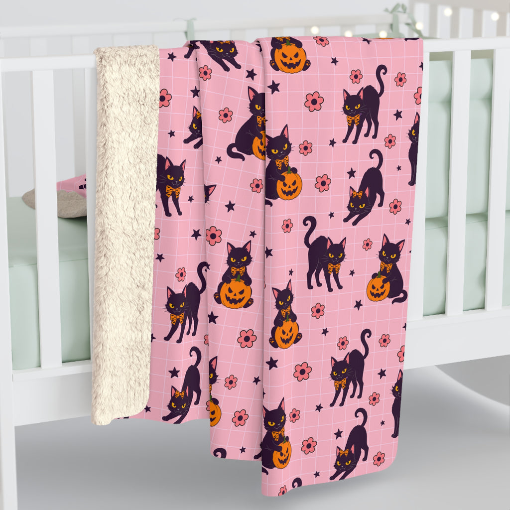 Pink Halloween Black Cat Sherpa Blanket — Cute Spooky Cozy Throw