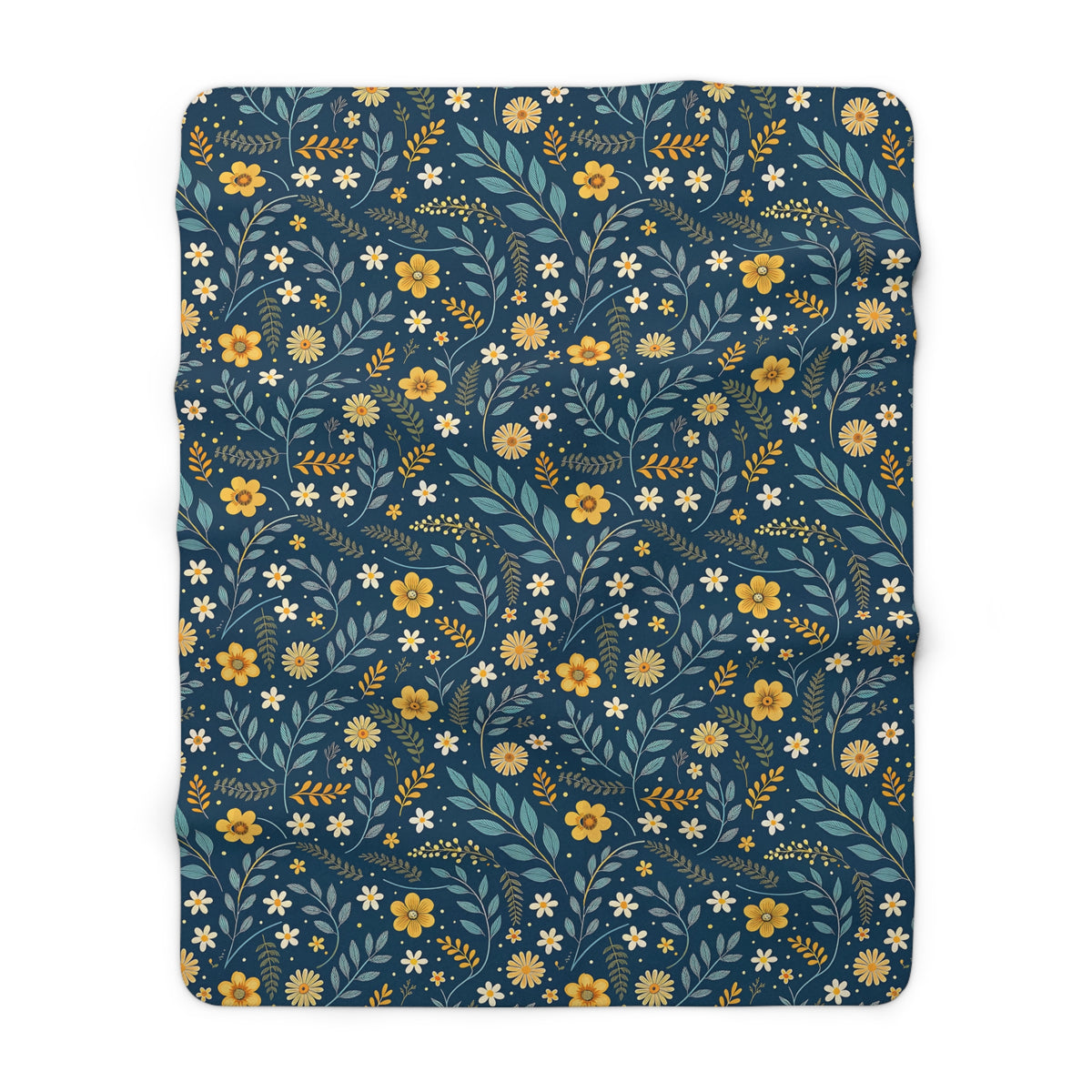 Floral Sherpa Blanket — Navy Blue Wildflower Fleece Throw