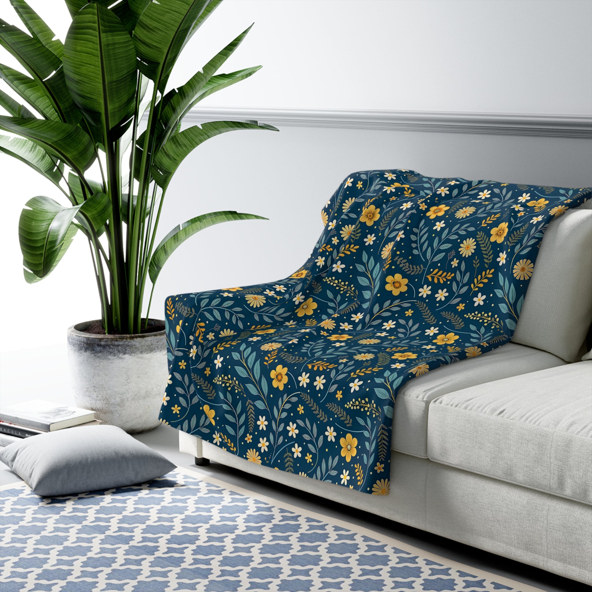 Floral Sherpa Blanket — Navy Blue Wildflower Fleece Throw