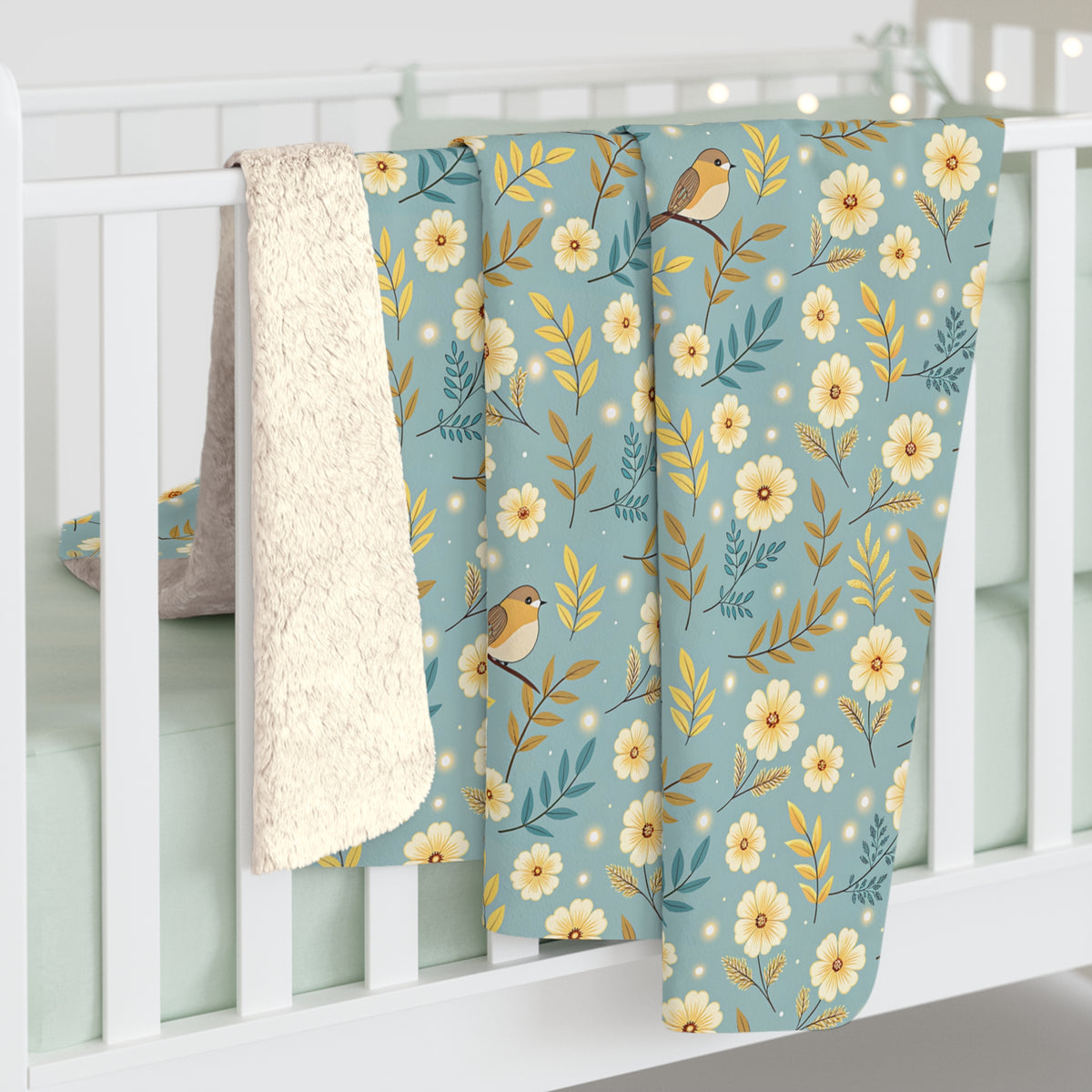 Floral Daisy Sherpa Blanket – Cozy Blue Fleece Throw with Vintage Flowers