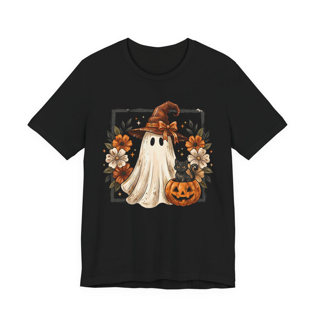Cute Halloween Ghost T‑Shirt — Pumpkin & Witch Hat Autumn Tee