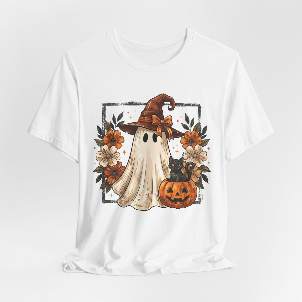 Cute Halloween Ghost T‑Shirt — Pumpkin & Witch Hat Autumn Tee