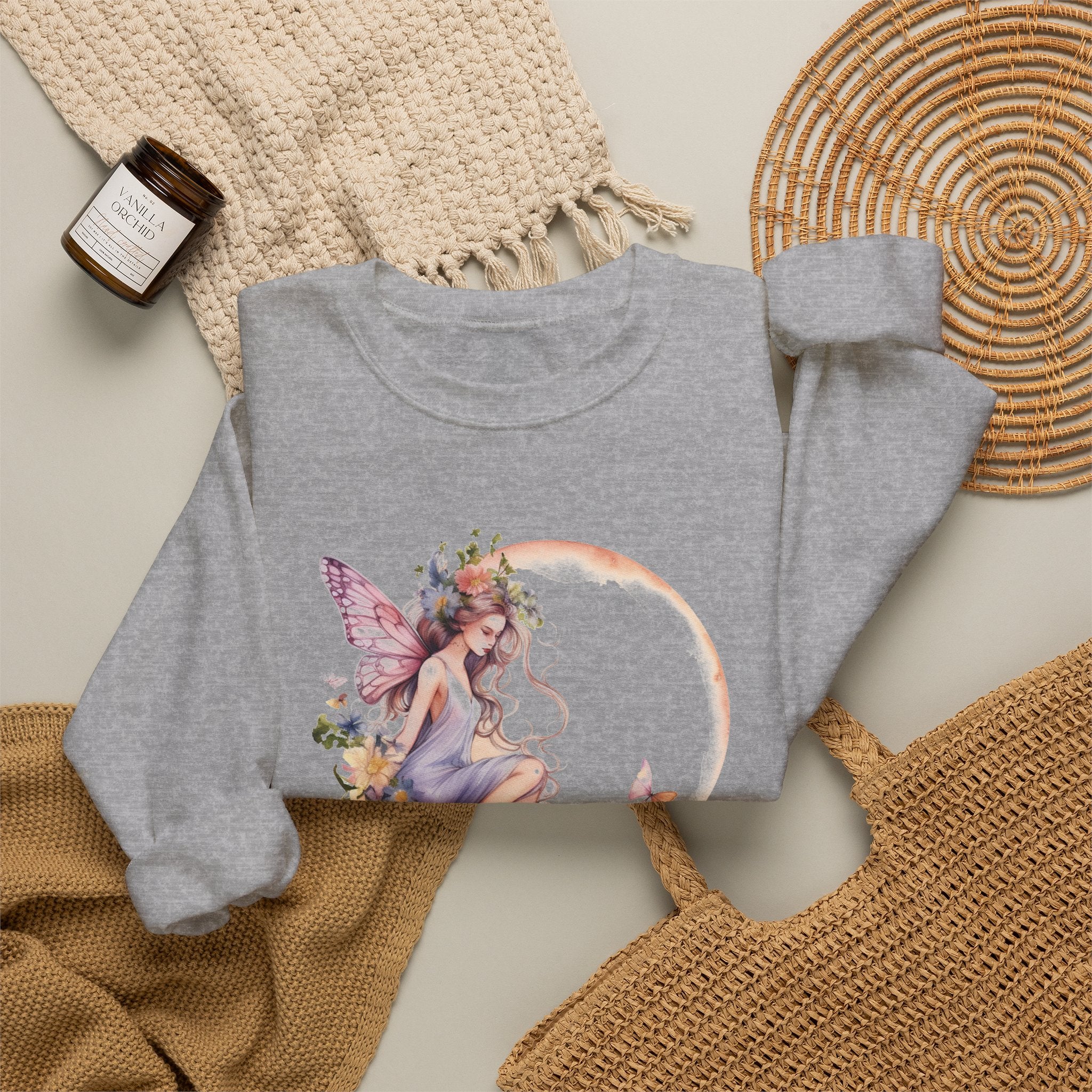 Floral Fairy Sitting on Crescent Moon
