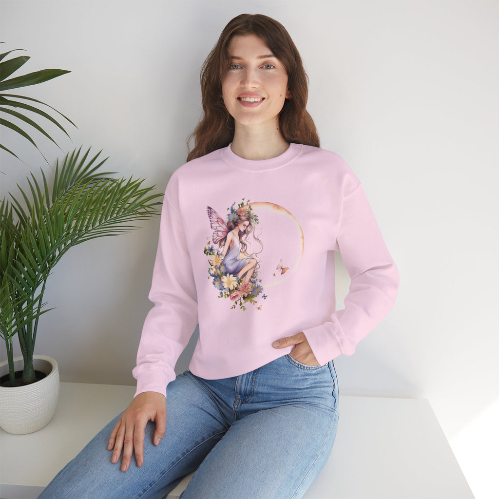Floral Fairy Sitting on Crescent Moon