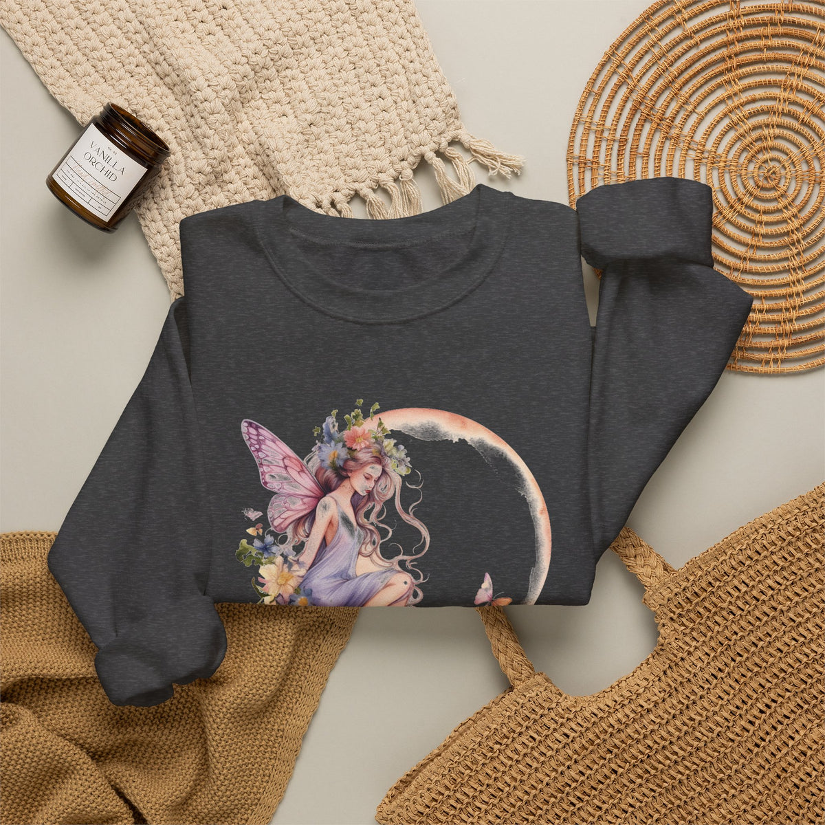 Floral Fairy Sitting on Crescent Moon