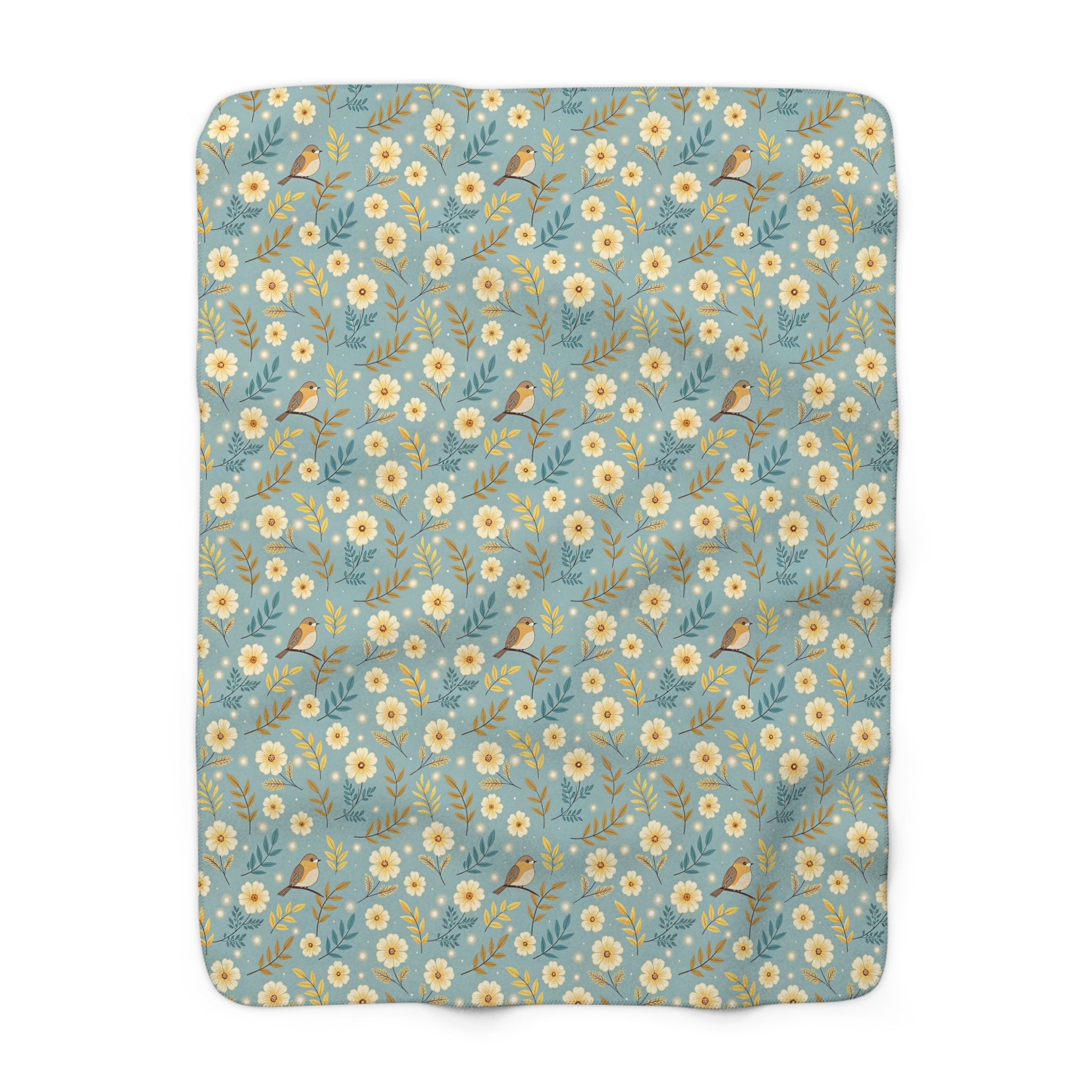 Floral Daisy Sherpa Blanket – Cozy Blue Fleece Throw with Vintage Flowers