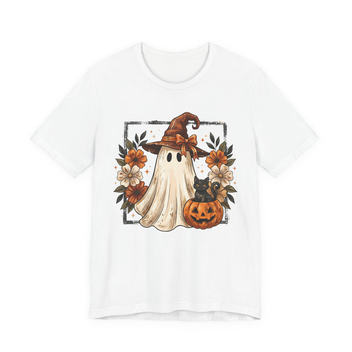 Cute Halloween Ghost T‑Shirt — Pumpkin & Witch Hat Autumn Tee