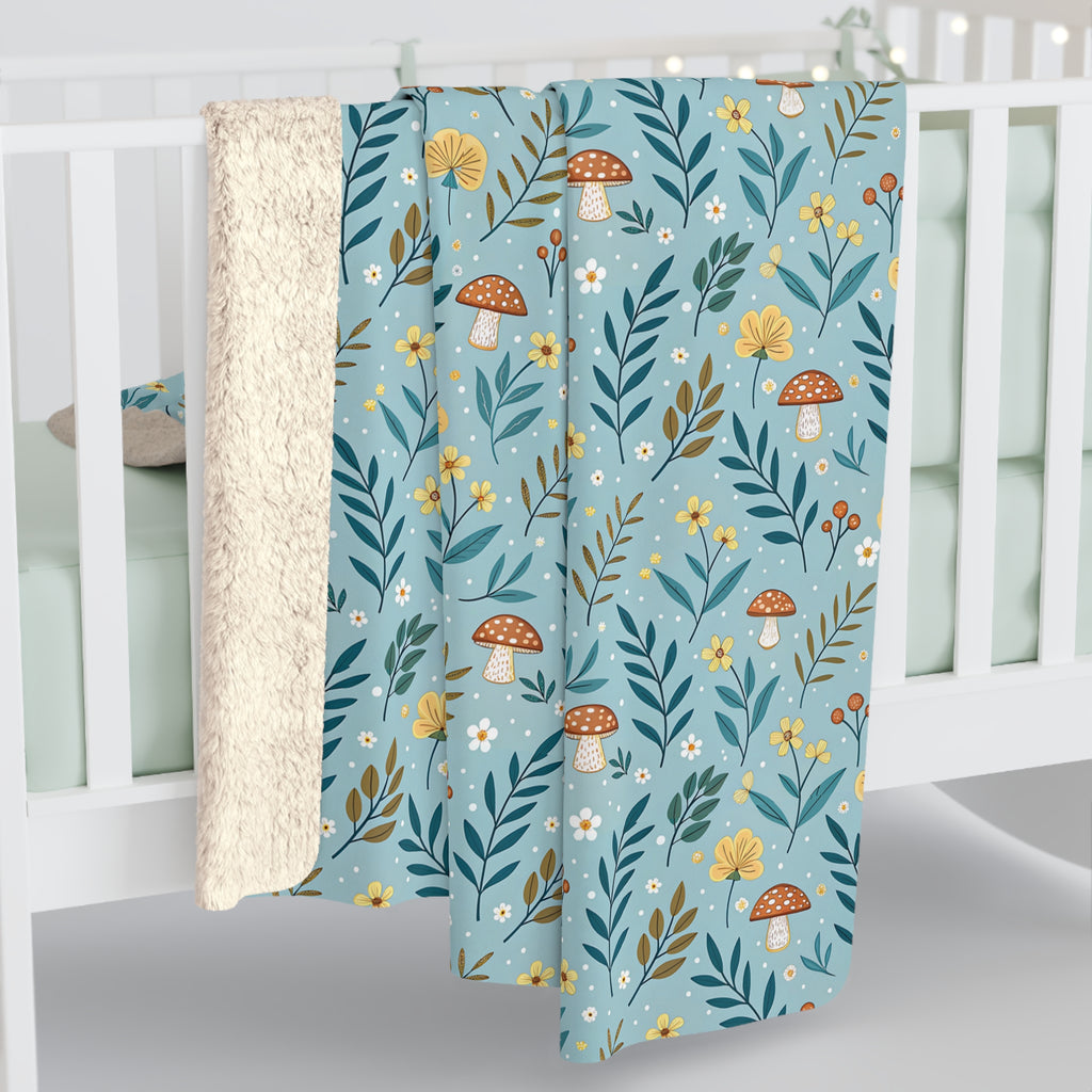 Sherpa Fleece Blanket — Blue Woodland Mushroom Floral Throw