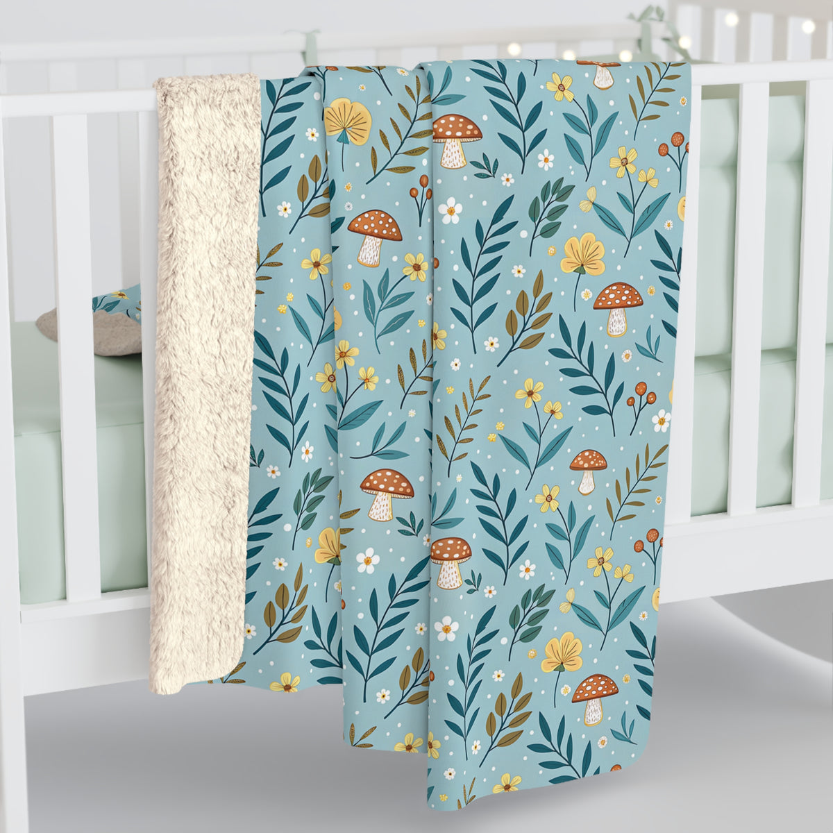 Sherpa Fleece Blanket — Blue Woodland Mushroom Floral Throw