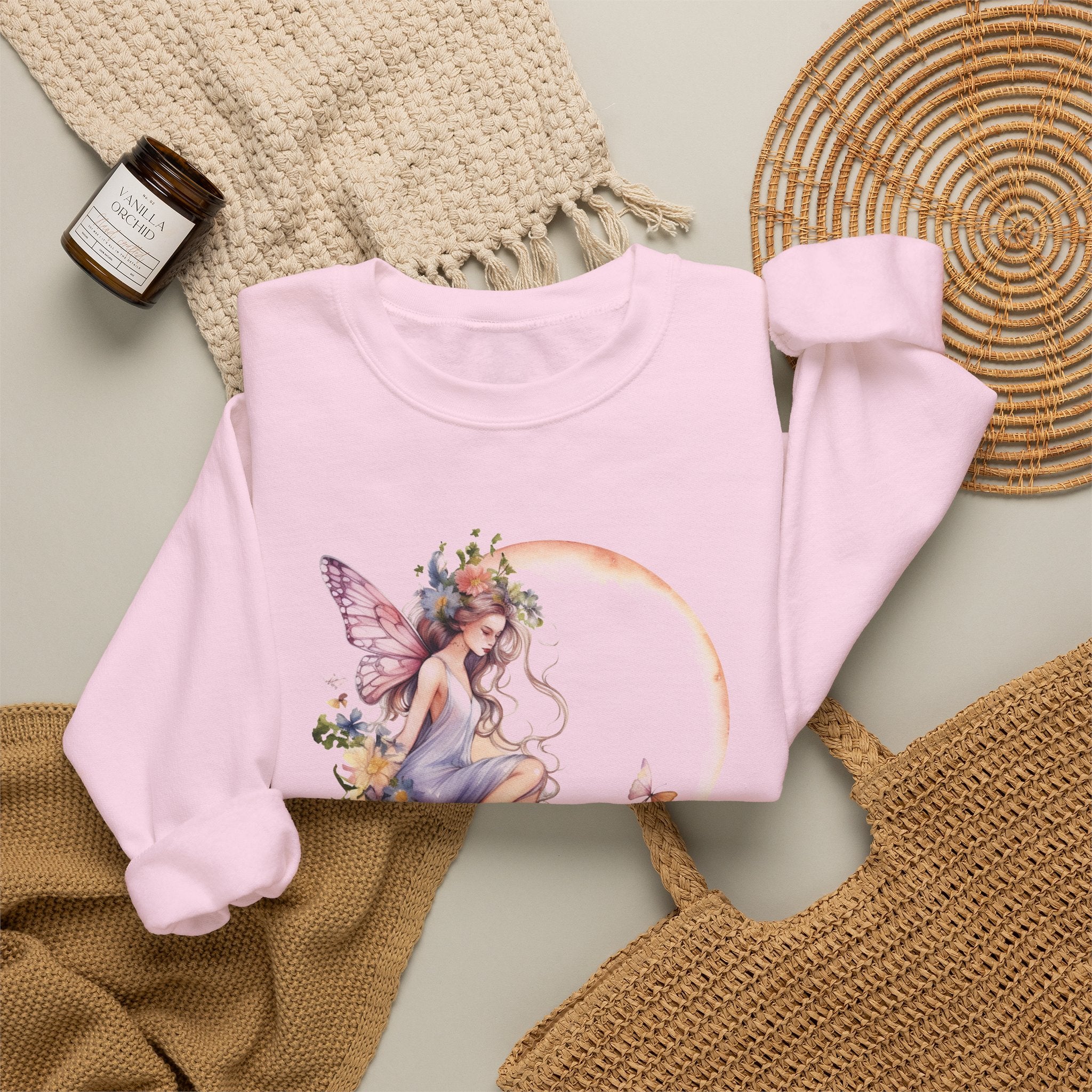 Floral Fairy Sitting on Crescent Moon