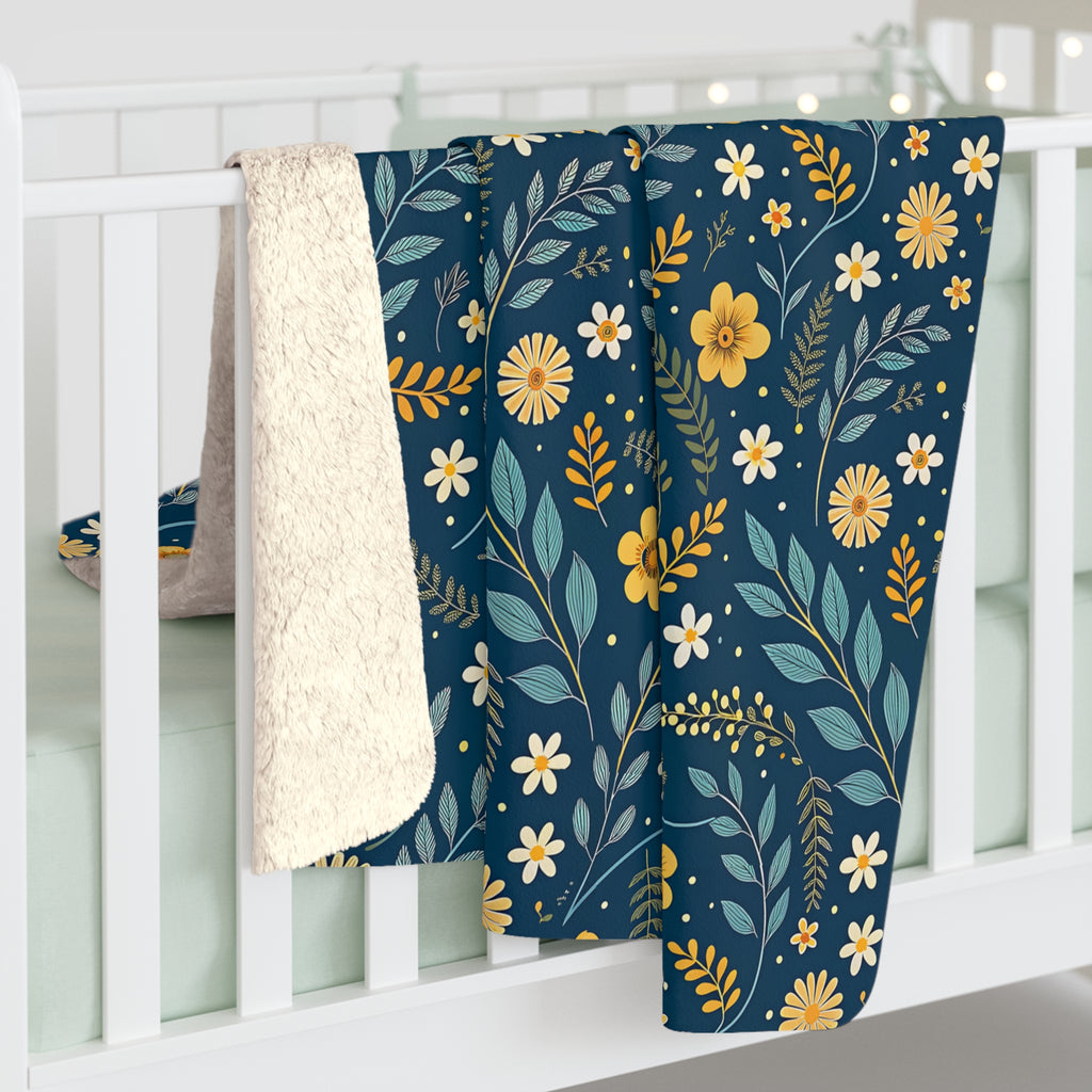 Floral Sherpa Blanket — Navy Blue Wildflower Fleece Throw