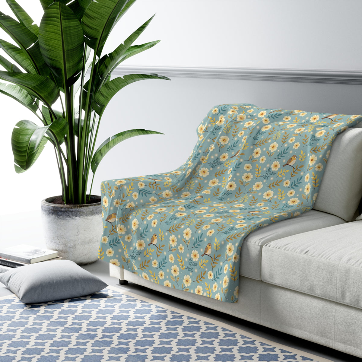 Floral Daisy Sherpa Blanket – Cozy Blue Fleece Throw with Vintage Flowers