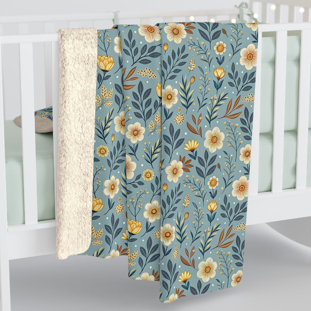 Floral Daisy Sherpa Blanket – Cozy Blue Wildflower Throw