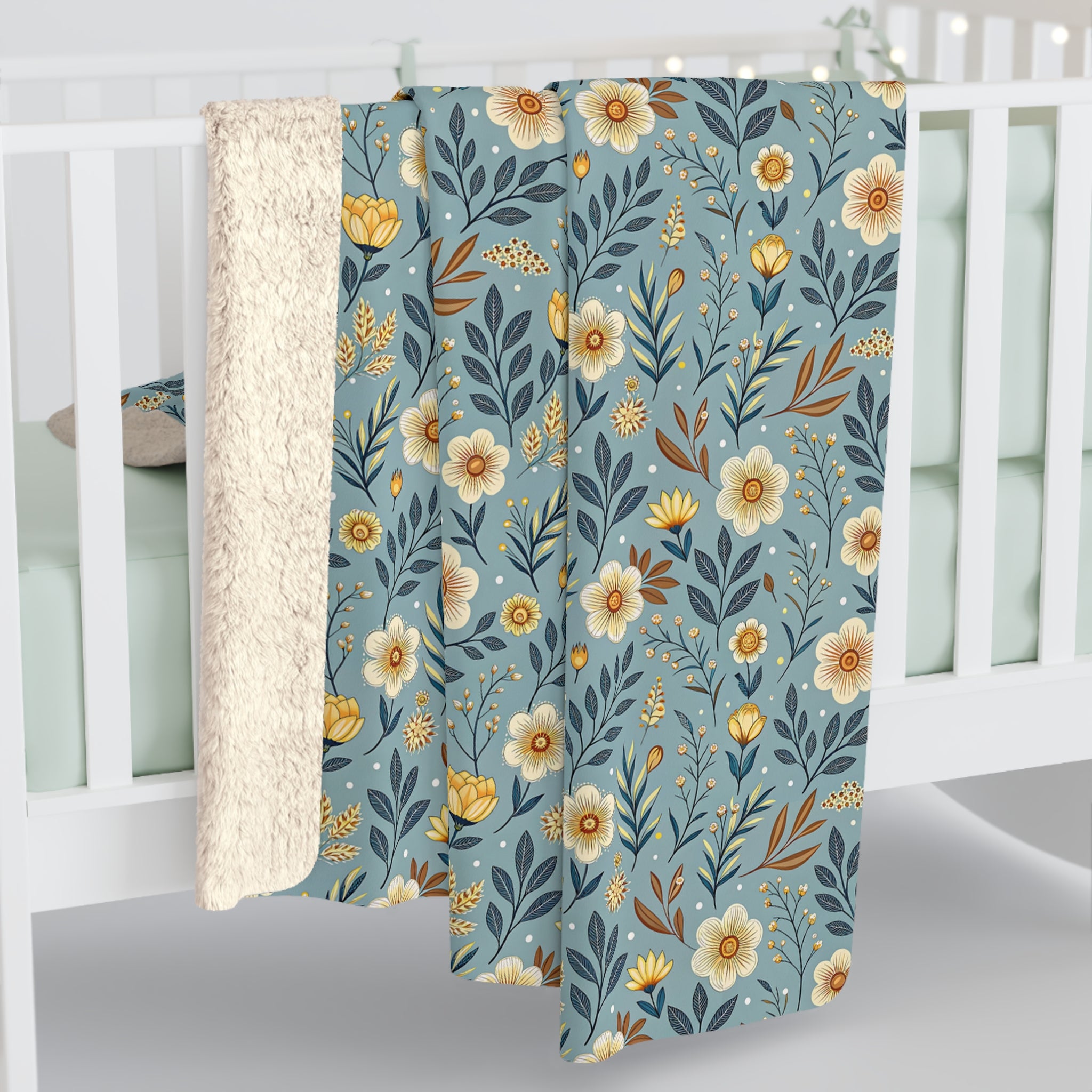 Floral Daisy Sherpa Blanket – Cozy Blue Wildflower Throw