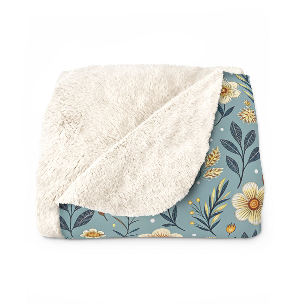 Floral Daisy Sherpa Blanket – Cozy Blue Wildflower Throw