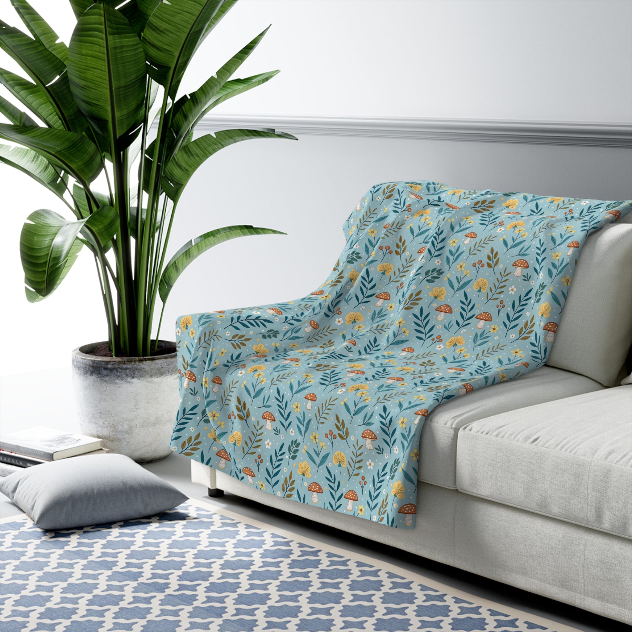 Sherpa Fleece Blanket — Blue Woodland Mushroom Floral Throw