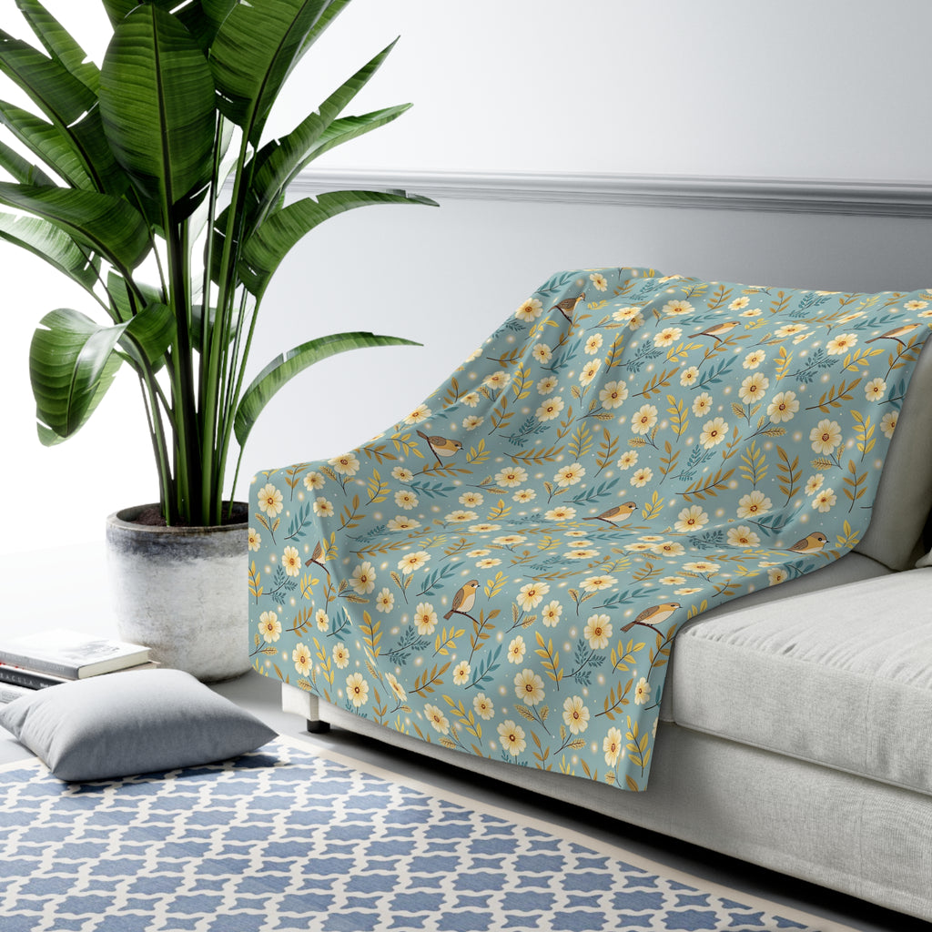 Floral Daisy Sherpa Blanket – Cozy Blue Fleece Throw with Vintage Flowers