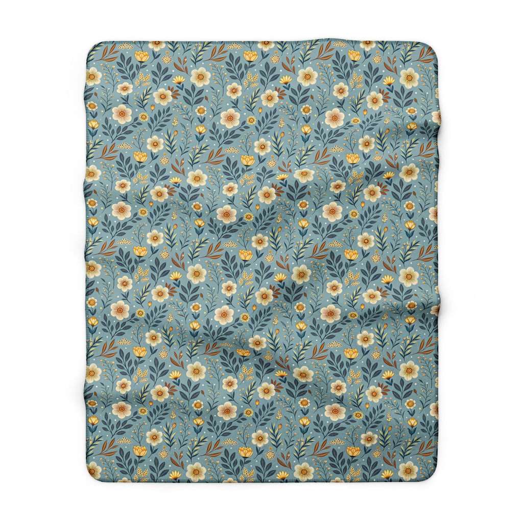 Floral Daisy Sherpa Blanket – Cozy Blue Wildflower Throw