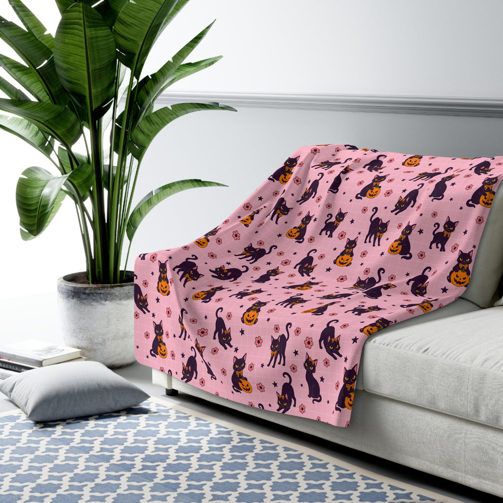 Pink Halloween Black Cat Sherpa Blanket — Cute Spooky Cozy Throw
