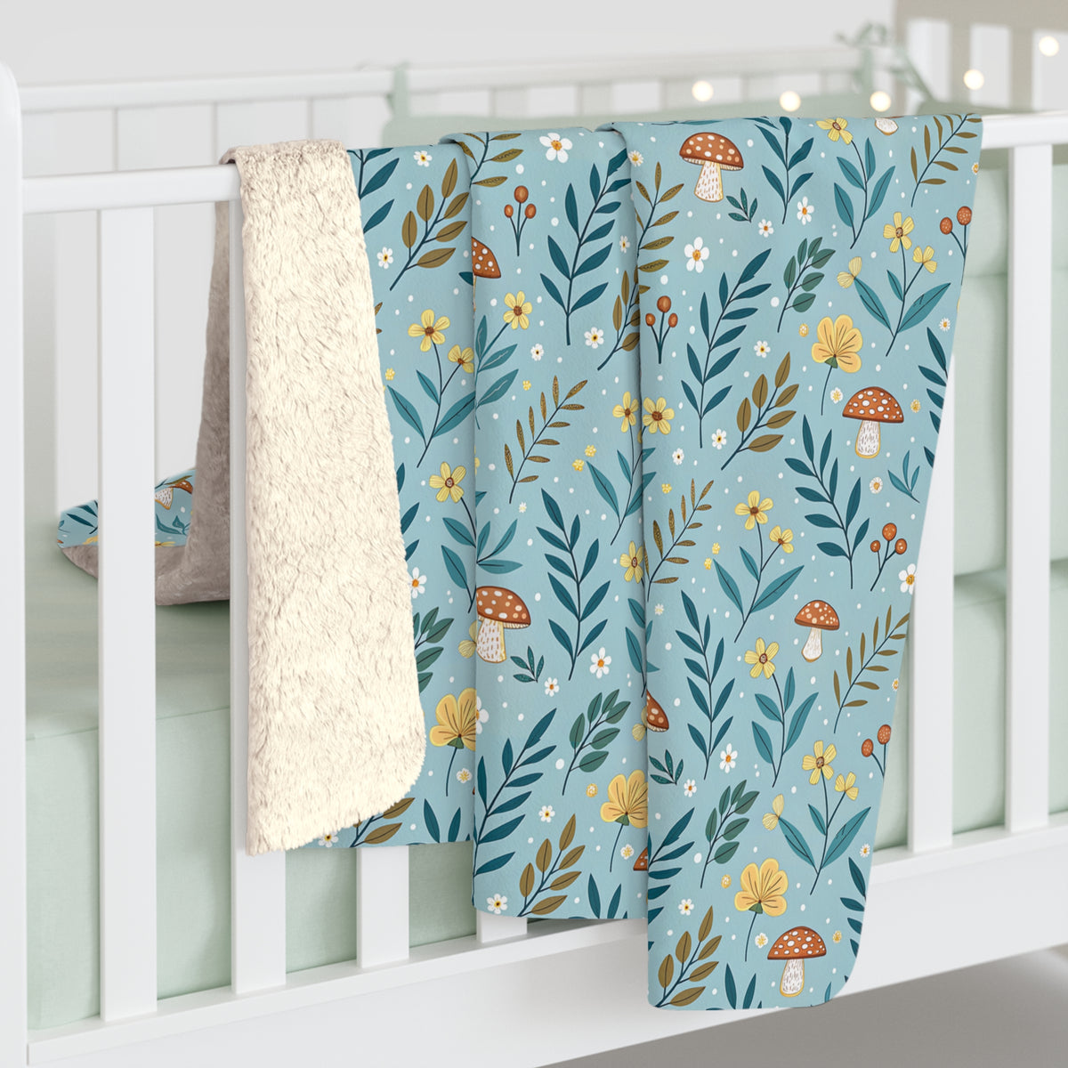 Sherpa Fleece Blanket — Blue Woodland Mushroom Floral Throw