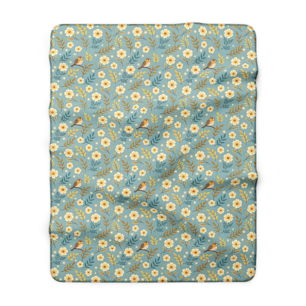 Floral Daisy Sherpa Blanket – Cozy Blue Fleece Throw with Vintage Flowers