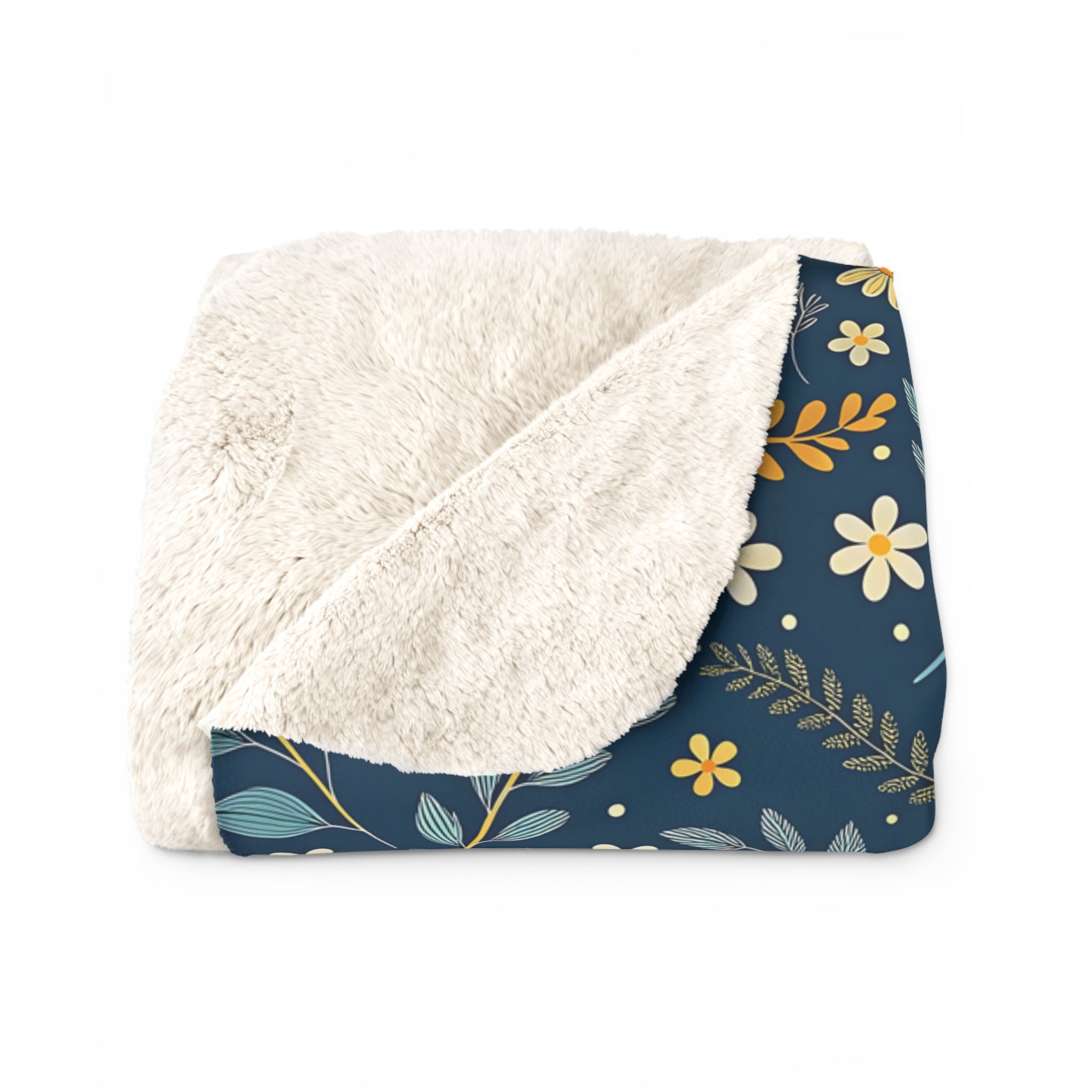 Floral Sherpa Blanket — Navy Blue Wildflower Fleece Throw