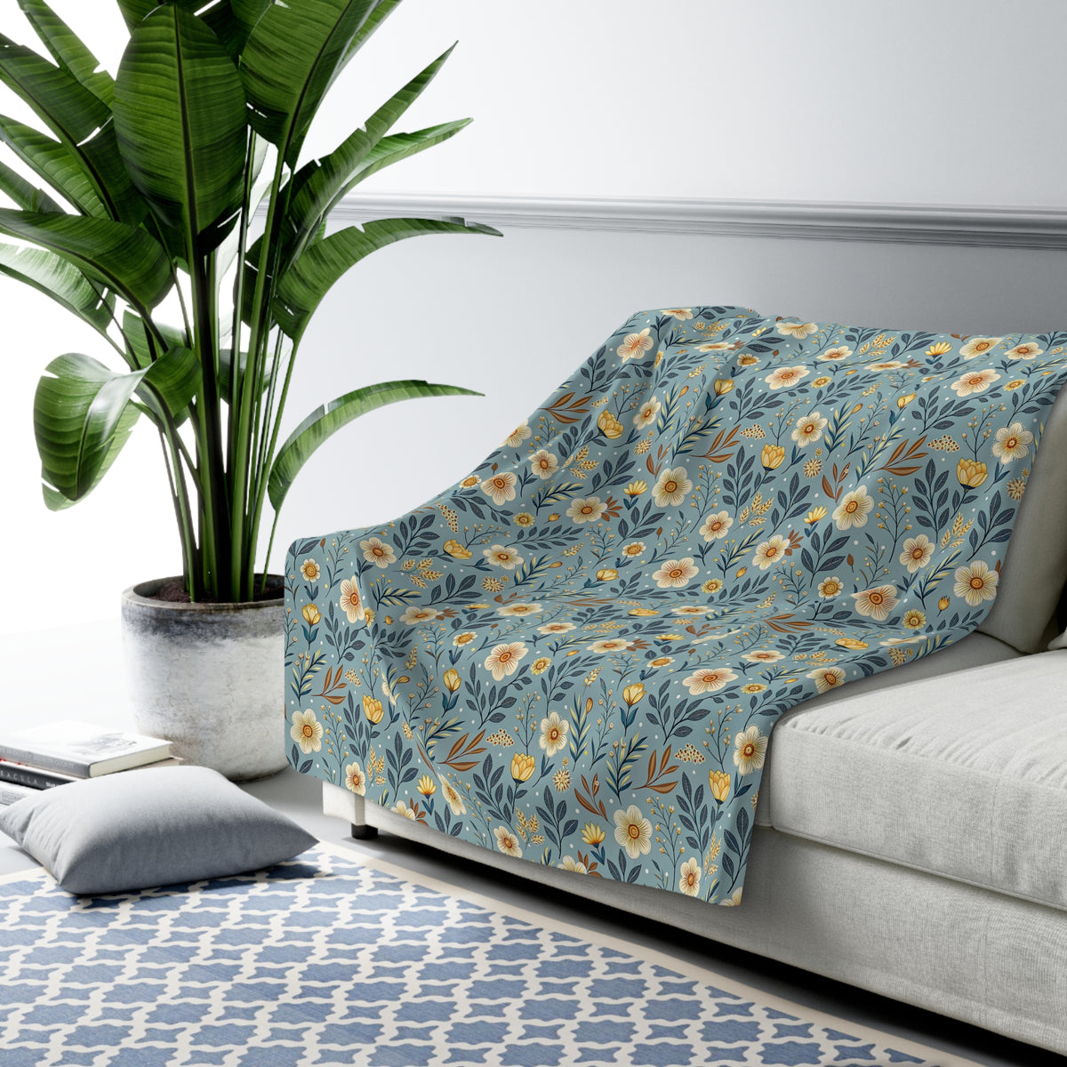 Floral Daisy Sherpa Blanket – Cozy Blue Wildflower Throw