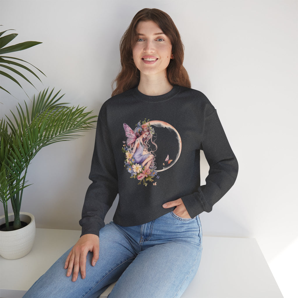 Floral Fairy Sitting on Crescent Moon