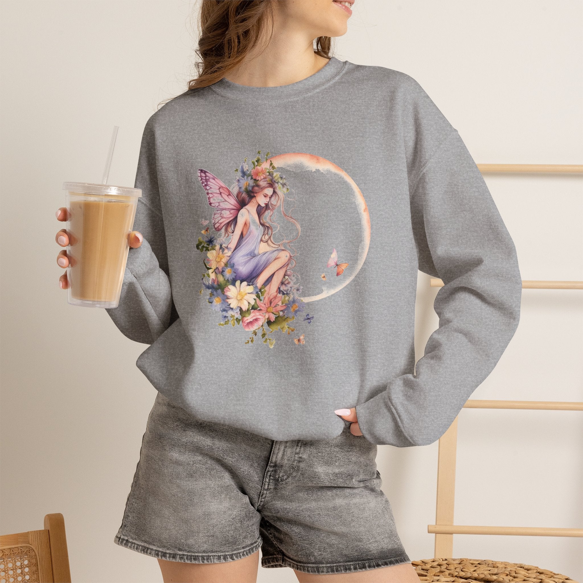 Floral Fairy Sitting on Crescent Moon