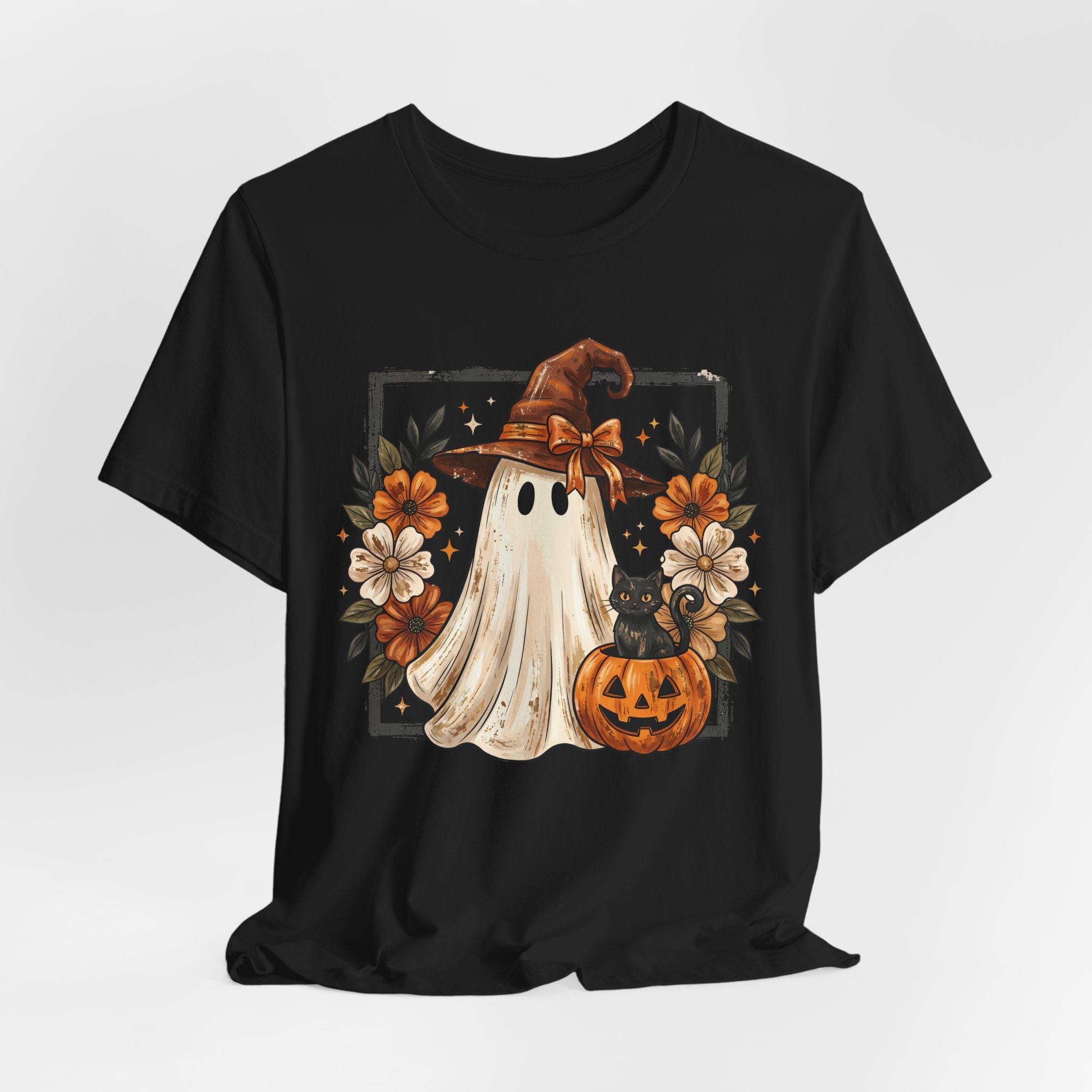 Cute Halloween Ghost T‑Shirt — Pumpkin & Witch Hat Autumn Tee