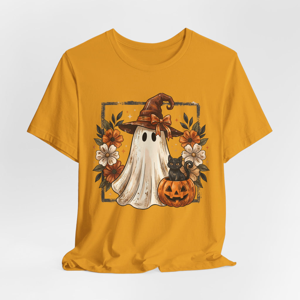 Cute Halloween Ghost T‑Shirt — Pumpkin & Witch Hat Autumn Tee