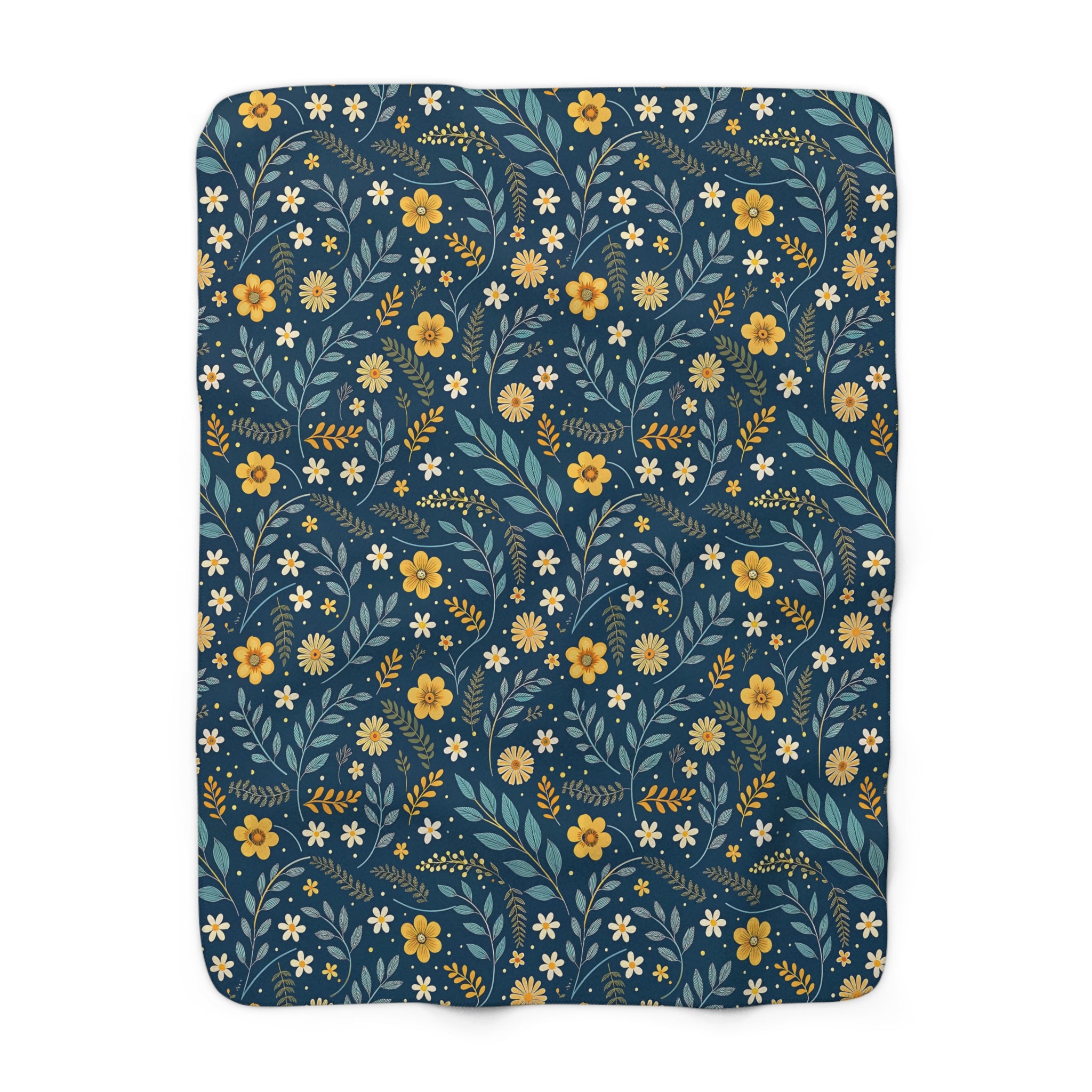 Floral Sherpa Blanket — Navy Blue Wildflower Fleece Throw