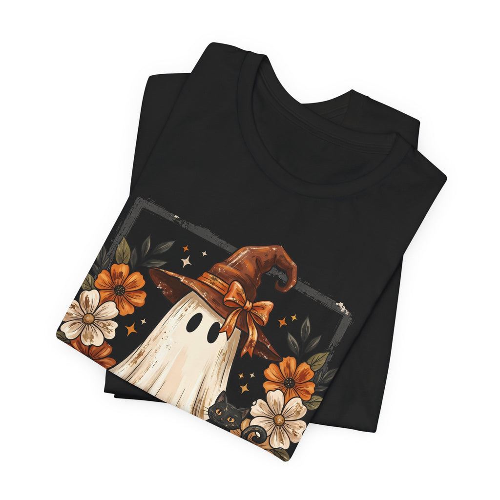 Cute Halloween Ghost T‑Shirt — Pumpkin & Witch Hat Autumn Tee