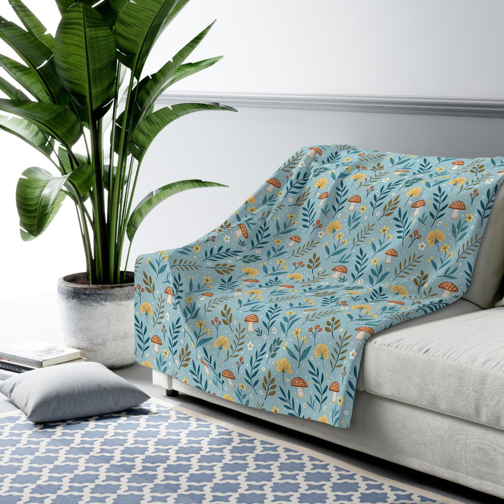Sherpa Fleece Blanket — Blue Woodland Mushroom Floral Throw