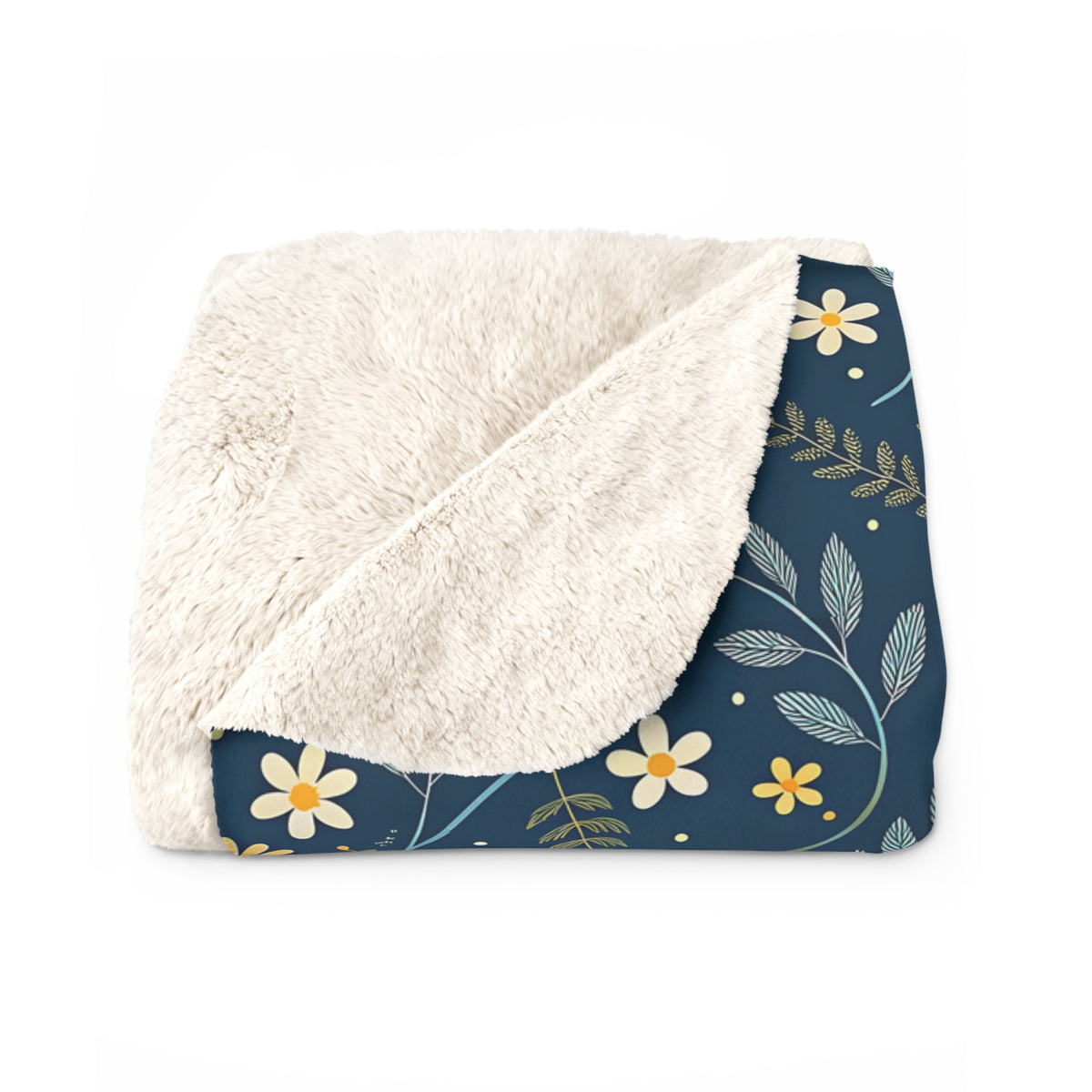 Floral Sherpa Blanket — Navy Blue Wildflower Fleece Throw