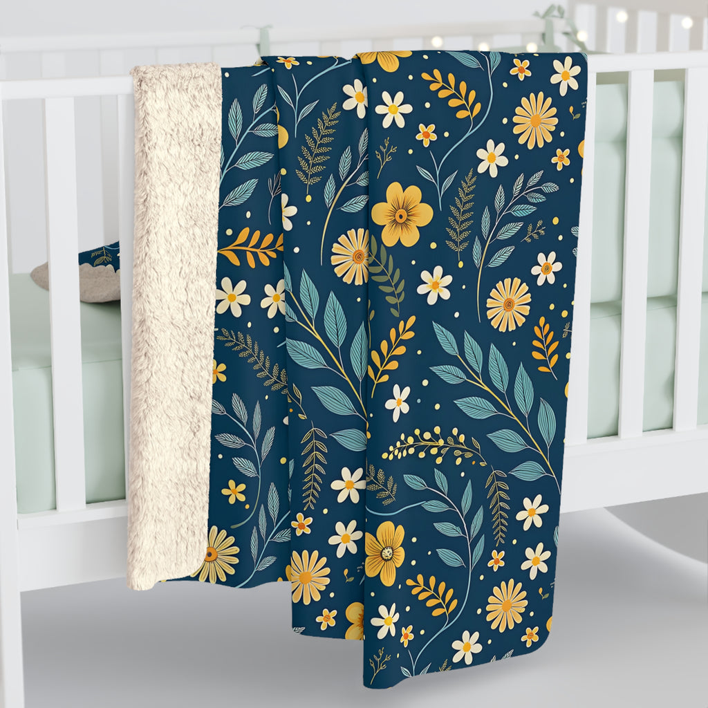 Floral Sherpa Blanket — Navy Blue Wildflower Fleece Throw