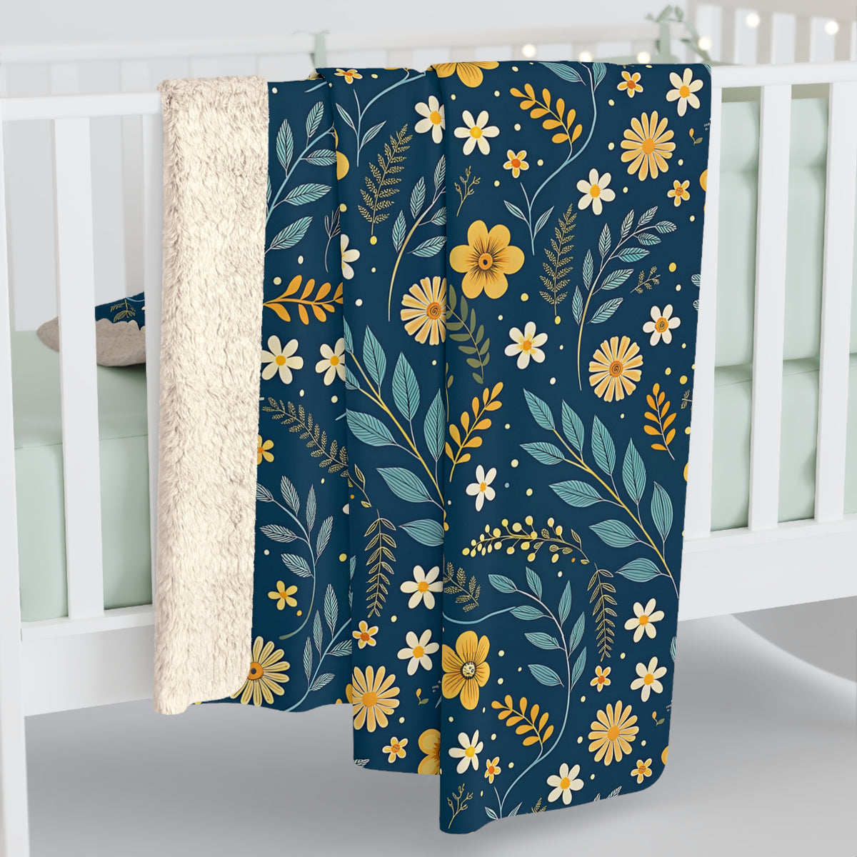 Floral Sherpa Blanket — Navy Blue Wildflower Fleece Throw
